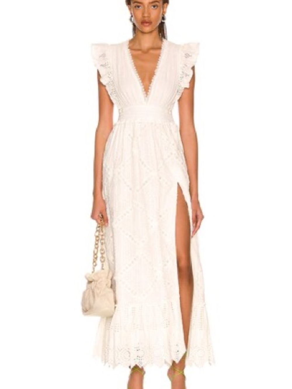 HEMANT & NANDITA White Eyelet Lace Maxi Dress with Side Slit